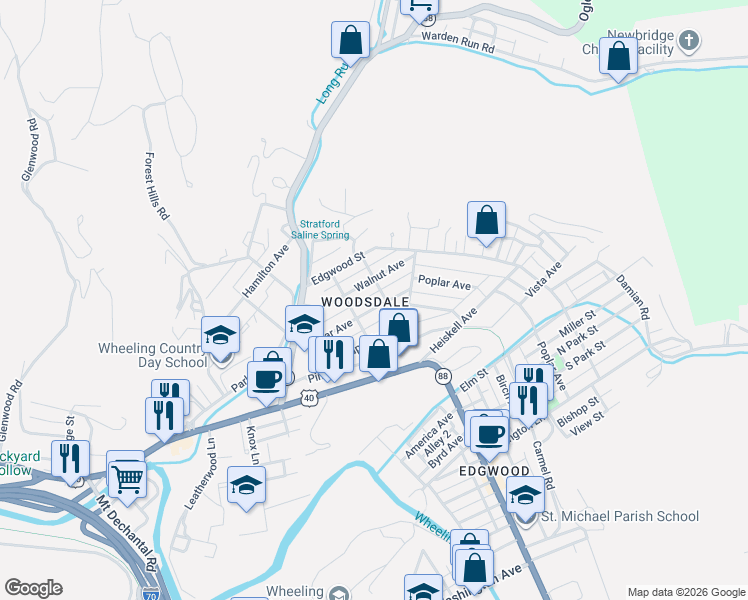 map of restaurants, bars, coffee shops, grocery stores, and more near 30 Walnut Avenue in Wheeling