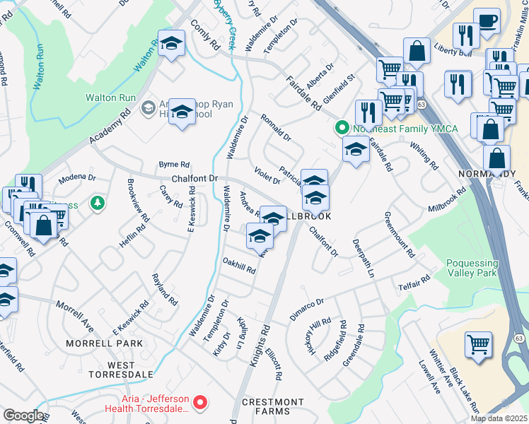 map of restaurants, bars, coffee shops, grocery stores, and more near 3815 Andrea Road in Philadelphia