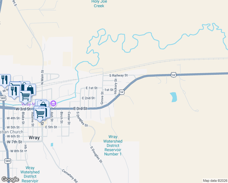 map of restaurants, bars, coffee shops, grocery stores, and more near 103 Hickory Street in Wray