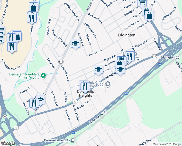 map of restaurants, bars, coffee shops, grocery stores, and more near 2349 Bowman Avenue in Cornwells Heights