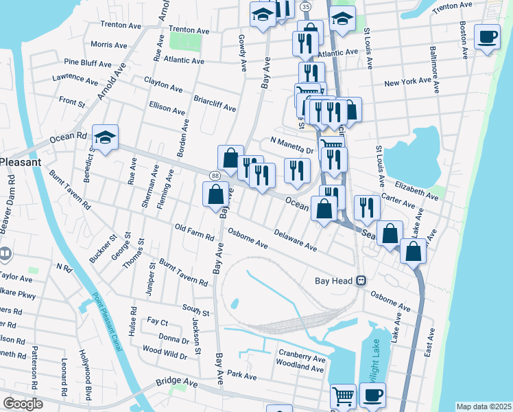 map of restaurants, bars, coffee shops, grocery stores, and more near 637 Ocean Road in Point Pleasant