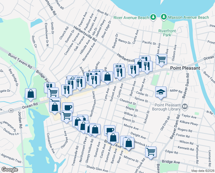 map of restaurants, bars, coffee shops, grocery stores, and more near 2900 Route 88 in Point Pleasant Beach