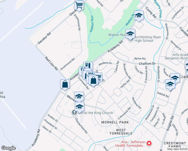 map of restaurants, bars, coffee shops, grocery stores, and more near 10802 Modena Terrace in Philadelphia