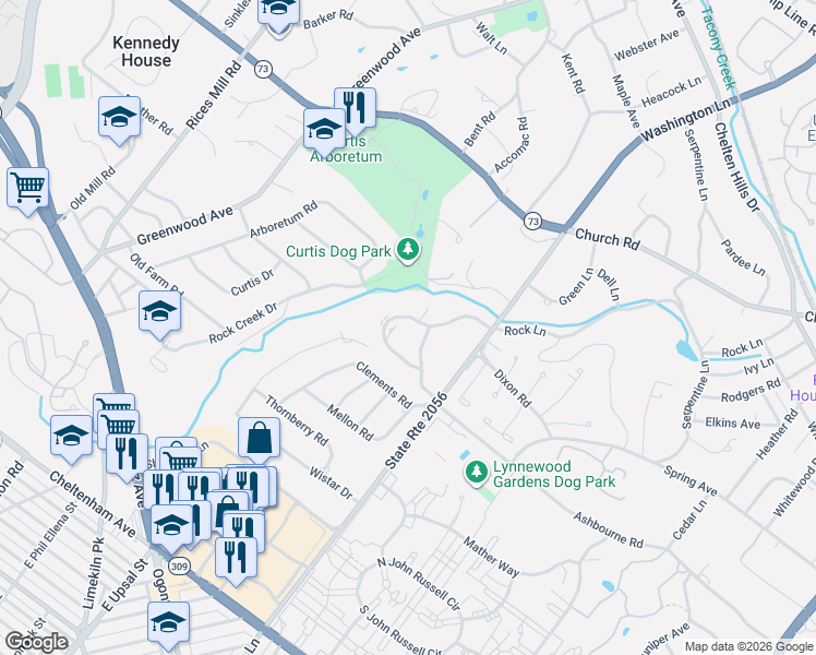 map of restaurants, bars, coffee shops, grocery stores, and more near 1434 Hopeland Road in Wyncote