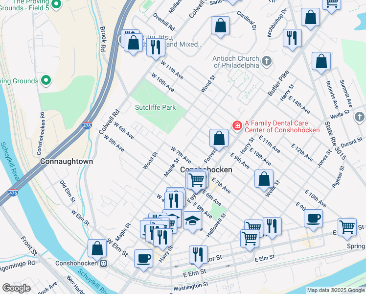 map of restaurants, bars, coffee shops, grocery stores, and more near 806 Maple Street in Conshohocken