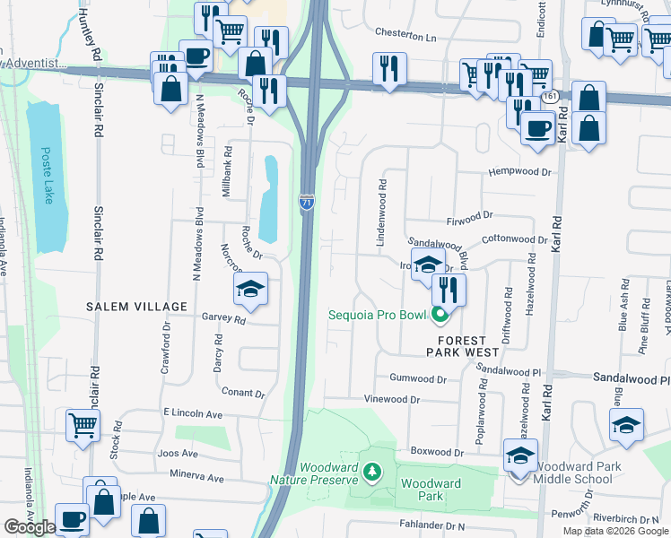 map of restaurants, bars, coffee shops, grocery stores, and more near 1166 Ironwood Drive in Columbus