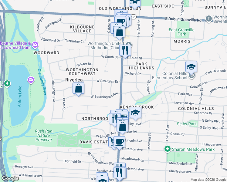 map of restaurants, bars, coffee shops, grocery stores, and more near 5811 North High Street in Columbus