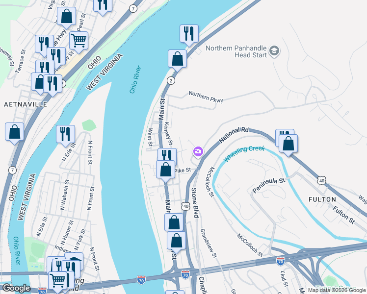 map of restaurants, bars, coffee shops, grocery stores, and more near 310 Wilbert Street in Wheeling