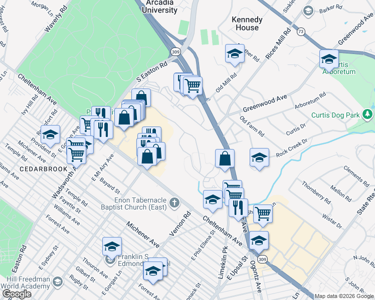 map of restaurants, bars, coffee shops, grocery stores, and more near 255 MacDonald Avenue in Wyncote