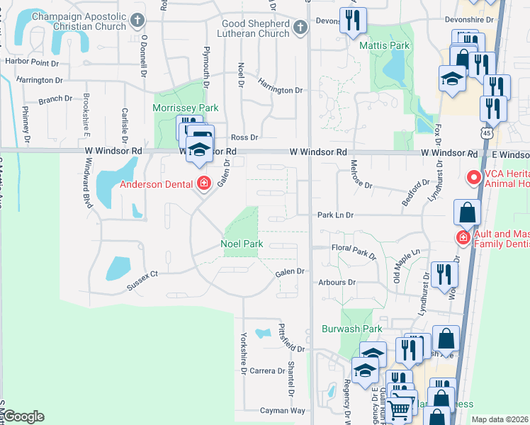 map of restaurants, bars, coffee shops, grocery stores, and more near 1003 Barclay Court in Champaign