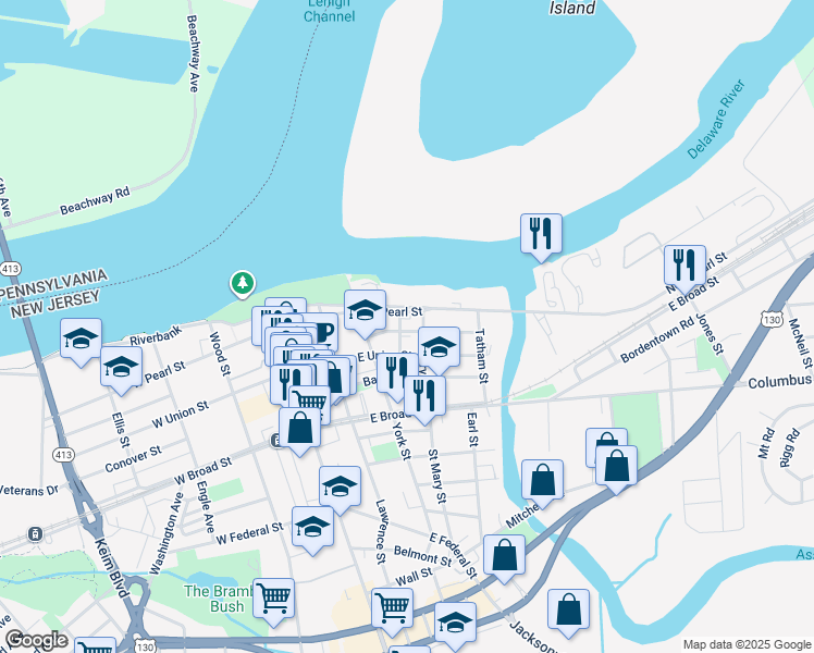 map of restaurants, bars, coffee shops, grocery stores, and more near 240 East Pearl Street in Burlington