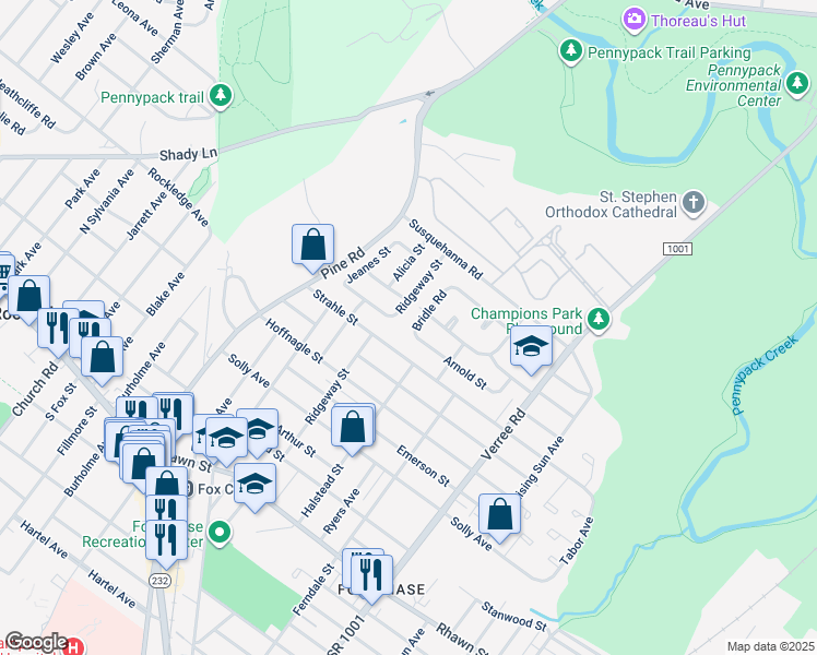 map of restaurants, bars, coffee shops, grocery stores, and more near 8414 Bridle Road in Philadelphia