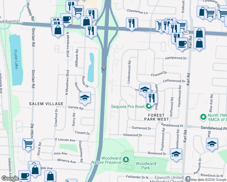 map of restaurants, bars, coffee shops, grocery stores, and more near 1166 Ironwood Drive in Columbus