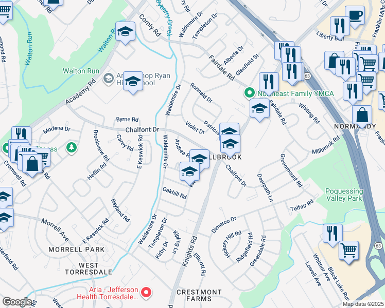 map of restaurants, bars, coffee shops, grocery stores, and more near 3815 Andrea Road in Philadelphia