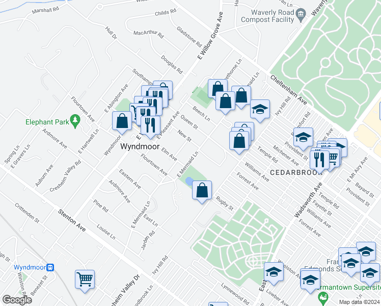 map of restaurants, bars, coffee shops, grocery stores, and more near 913 East Mermaid Lane in Wyndmoor
