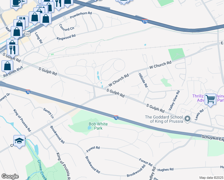 map of restaurants, bars, coffee shops, grocery stores, and more near 438 South Gulph Road in King of Prussia
