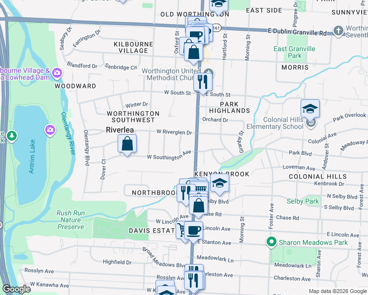 map of restaurants, bars, coffee shops, grocery stores, and more near 5811 North High Street in Columbus