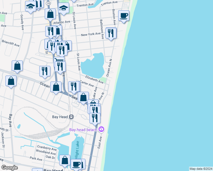 map of restaurants, bars, coffee shops, grocery stores, and more near 100 Elizabeth Avenue in Point Pleasant Beach