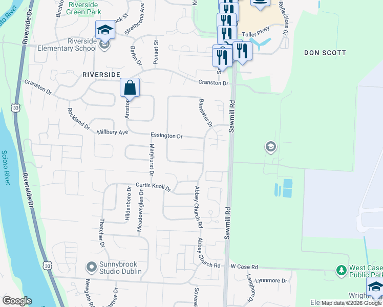map of restaurants, bars, coffee shops, grocery stores, and more near 2939 Essington Drive in Dublin