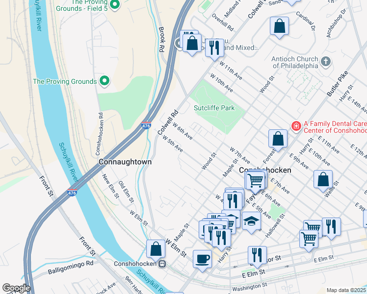 map of restaurants, bars, coffee shops, grocery stores, and more near 431 West 6th Avenue in Conshohocken