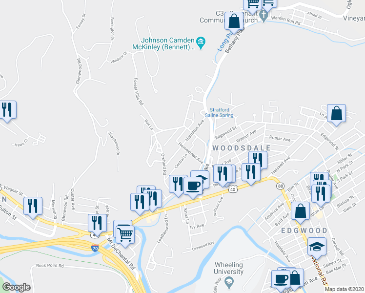 map of restaurants, bars, coffee shops, grocery stores, and more near 20 Homestead Avenue in Wheeling