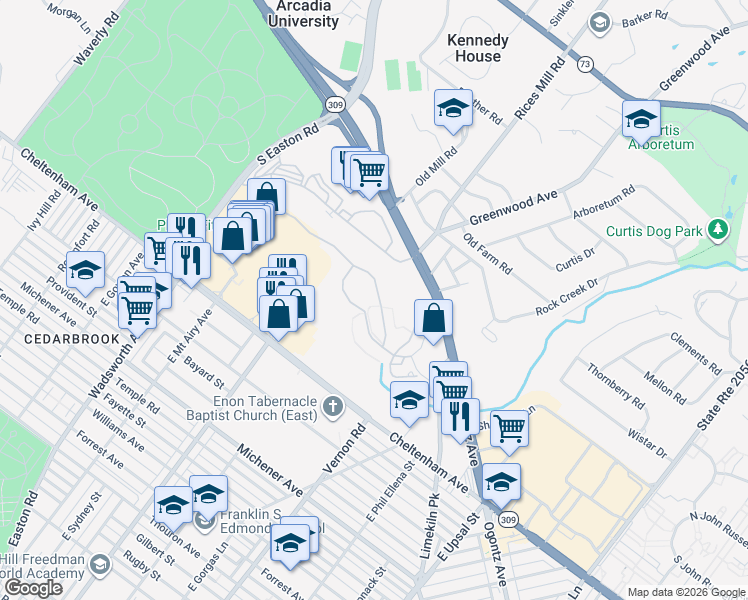 map of restaurants, bars, coffee shops, grocery stores, and more near 58 Old Cedarbrook Road in Wyncote