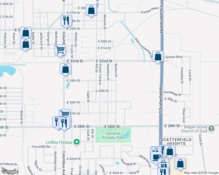 map of restaurants, bars, coffee shops, grocery stores, and more near 3401 Hamilton Place in Anderson