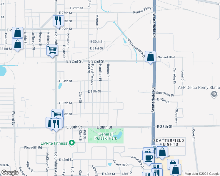 map of restaurants, bars, coffee shops, grocery stores, and more near 3436 Burton Place in Anderson