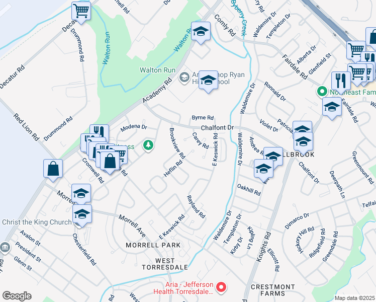 map of restaurants, bars, coffee shops, grocery stores, and more near 10910 Heflin Road in Philadelphia