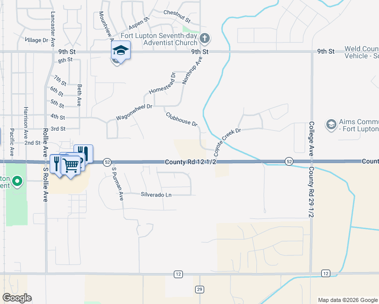 map of restaurants, bars, coffee shops, grocery stores, and more near 13877 State Highway 52 in Fort Lupton