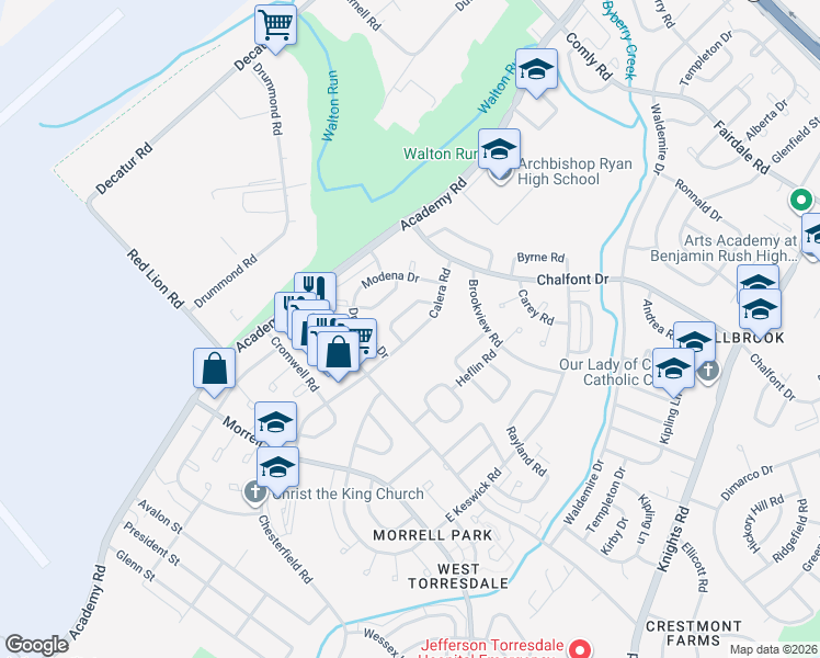 map of restaurants, bars, coffee shops, grocery stores, and more near 10843 Perrin Road in Philadelphia