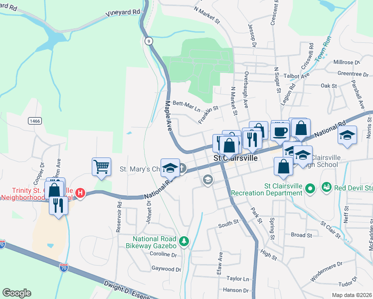 map of restaurants, bars, coffee shops, grocery stores, and more near 120 Jepson Avenue in Saint Clairsville