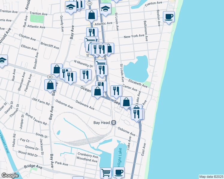 map of restaurants, bars, coffee shops, grocery stores, and more near 414 Carter Avenue in Point Pleasant Beach
