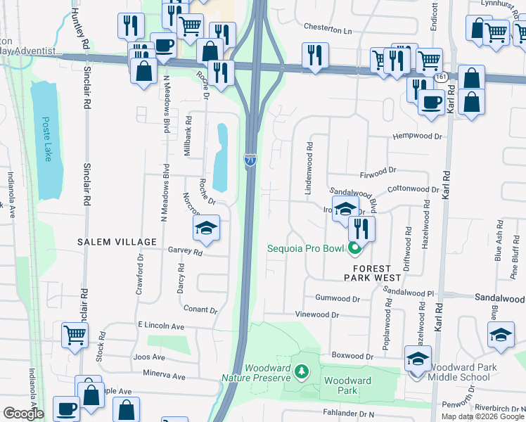 map of restaurants, bars, coffee shops, grocery stores, and more near 5645 Ironwood Court in Columbus