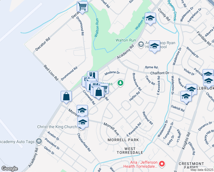 map of restaurants, bars, coffee shops, grocery stores, and more near 3513 Drumore Drive in Philadelphia