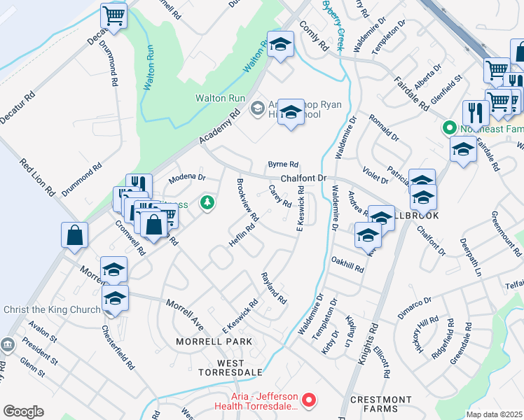 map of restaurants, bars, coffee shops, grocery stores, and more near 10910 Heflin Road in Philadelphia