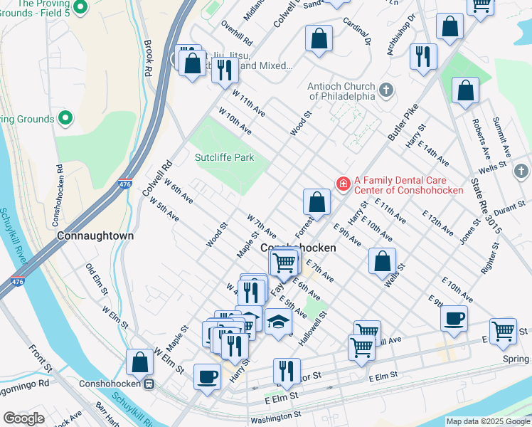 map of restaurants, bars, coffee shops, grocery stores, and more near 718 Maple Street in Conshohocken
