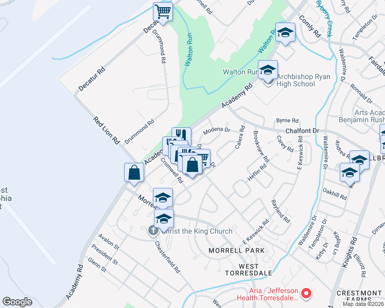 map of restaurants, bars, coffee shops, grocery stores, and more near 10802 Modena Terrace in Philadelphia