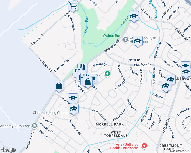 map of restaurants, bars, coffee shops, grocery stores, and more near 3513 Drumore Drive in Philadelphia