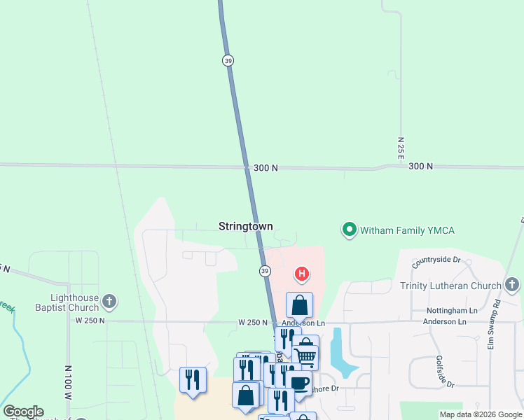 map of restaurants, bars, coffee shops, grocery stores, and more near 2925 Indiana 39 in Lebanon