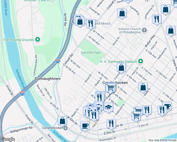 map of restaurants, bars, coffee shops, grocery stores, and more near 333 West 7th Avenue in Conshohocken