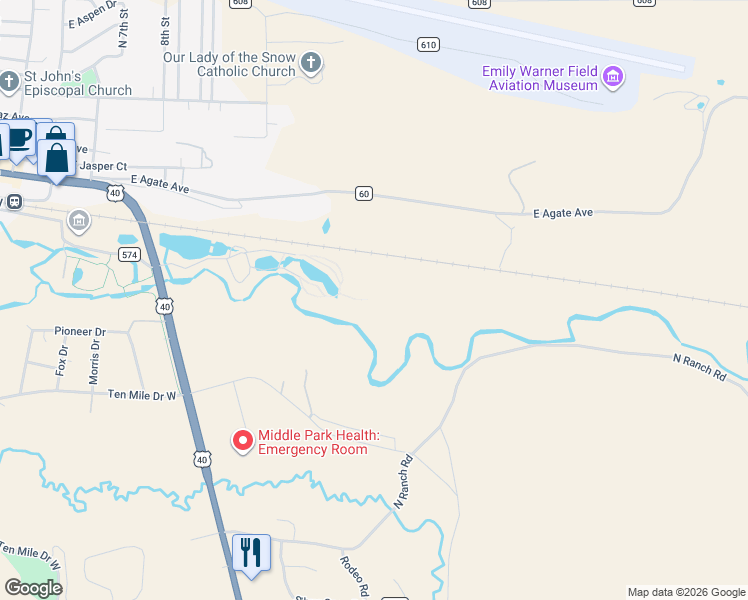 map of restaurants, bars, coffee shops, grocery stores, and more near 305 Edgewater Court in Granby