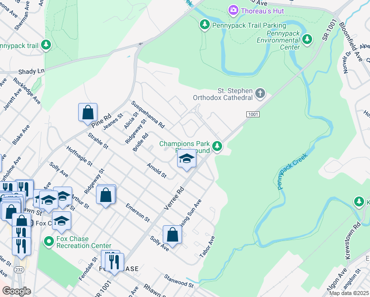 map of restaurants, bars, coffee shops, grocery stores, and more near 802 Susquehanna Road in Philadelphia
