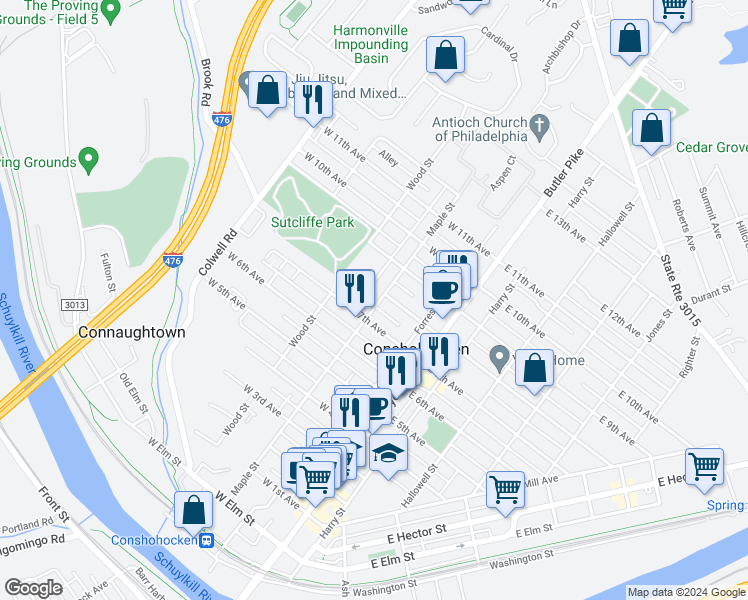 map of restaurants, bars, coffee shops, grocery stores, and more near 806 Maple Street in Conshohocken