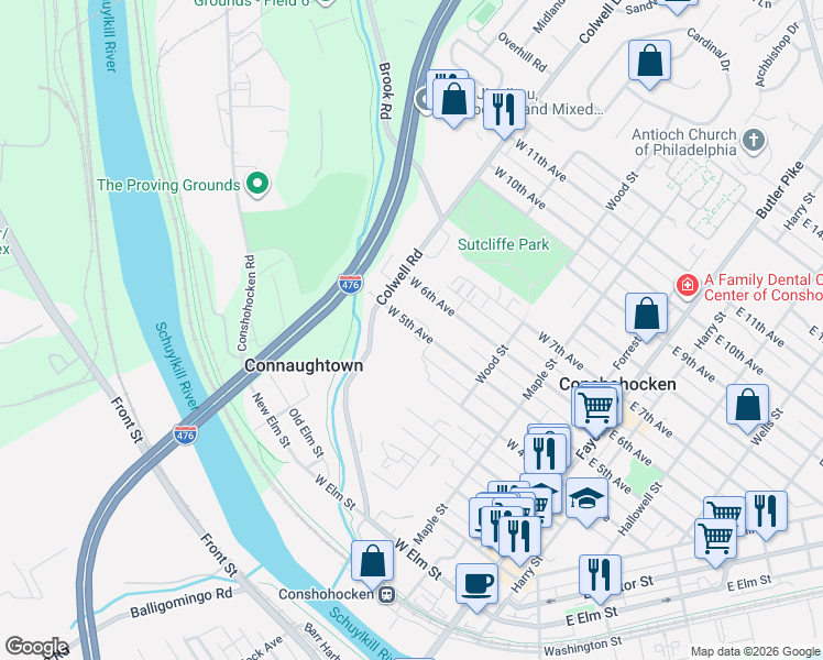 map of restaurants, bars, coffee shops, grocery stores, and more near 431 West 6th Avenue in Conshohocken