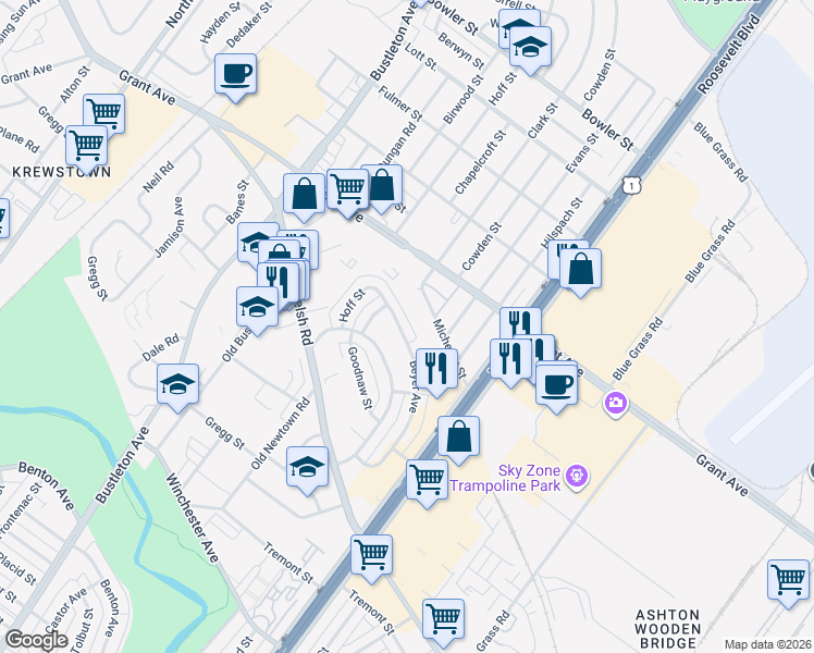 map of restaurants, bars, coffee shops, grocery stores, and more near 2222 Michener Street in Philadelphia