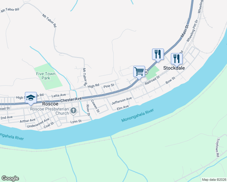map of restaurants, bars, coffee shops, grocery stores, and more near 7 Maple Street in Allenport
