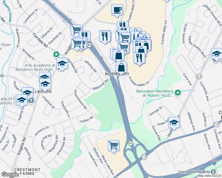 map of restaurants, bars, coffee shops, grocery stores, and more near 12055 Millbrook Road in Philadelphia