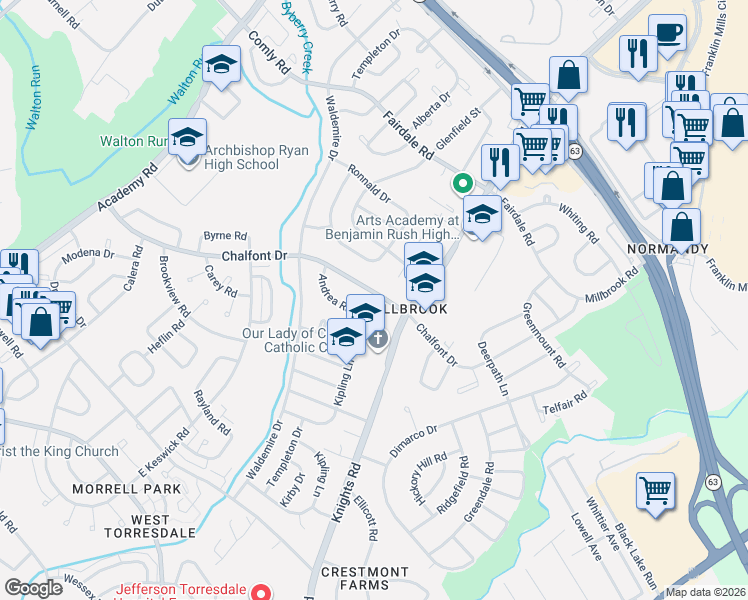 map of restaurants, bars, coffee shops, grocery stores, and more near 3823 Chalfont Drive in Philadelphia