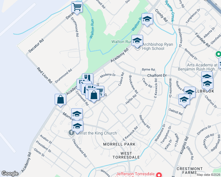 map of restaurants, bars, coffee shops, grocery stores, and more near 10835 Harrow Road in Philadelphia